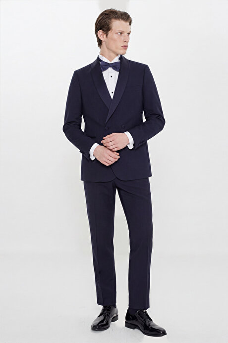 Slim Fit Dar Kesim Çıkma Şal Yaka Beli Gizli Lastikli Çift Fleto Cepli Damatlık Lacivert Smokin Takım resmi