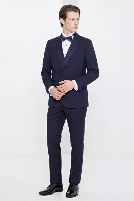 Slim Fit Dar Kesim Çıkma Şal Yaka Beli Gizli Lastikli Çift Fleto Cepli Damatlık Lacivert Smokin Takım resmi