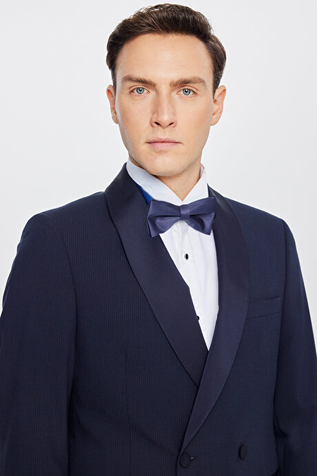 Slim Fit Dar Kesim Çıkma Şal Yaka Beli Gizli Lastikli Çift Fleto Cepli Damatlık Lacivert Smokin Takım resmi