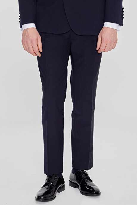 Slim Fit Dar Kesim Çıkma Şal Yaka Beli Gizli Lastikli Çift Fleto Cepli Damatlık Lacivert Smokin Takım resmi