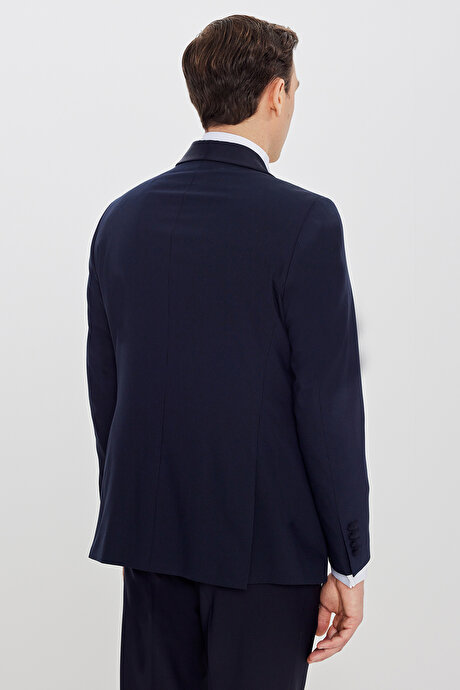 Slim Fit Dar Kesim Çıkma Şal Yaka Beli Gizli Lastikli Çift Fleto Cepli Damatlık Lacivert Smokin Takım resmi