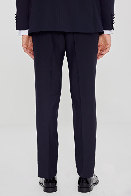Slim Fit Dar Kesim Çıkma Şal Yaka Beli Gizli Lastikli Çift Fleto Cepli Damatlık Lacivert Smokin Takım resmi