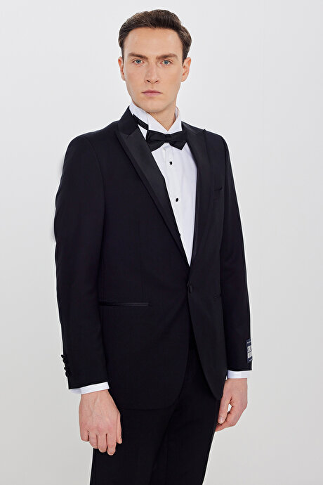 %100 Yün Slim Fit Dar Kesim Çıkma Kırlangıç Yaka Beli Gizli Lastikli Fleto Cepli Siyah Smokin Takım resmi