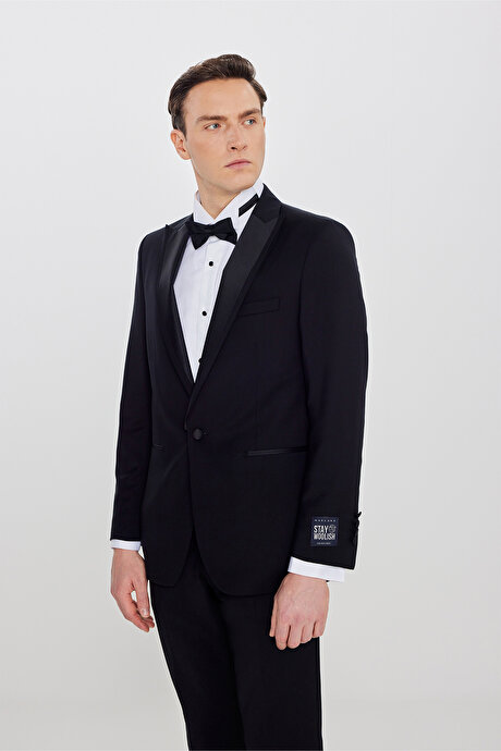 %100 Yün Slim Fit Dar Kesim Çıkma Kırlangıç Yaka Beli Gizli Lastikli Fleto Cepli Siyah Smokin Takım resmi