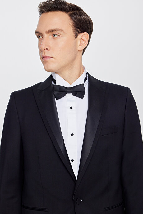 %100 Yün Slim Fit Dar Kesim Çıkma Kırlangıç Yaka Beli Gizli Lastikli Fleto Cepli Siyah Smokin Takım resmi