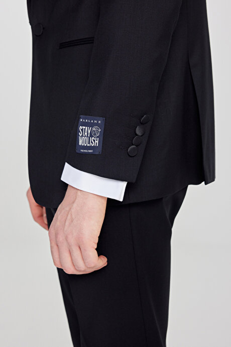 %100 Yün Slim Fit Dar Kesim Çıkma Kırlangıç Yaka Beli Gizli Lastikli Fleto Cepli Siyah Smokin Takım resmi