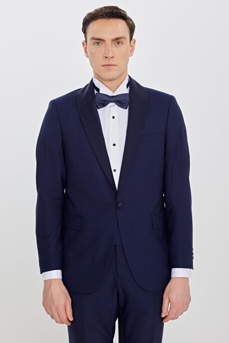 Slim Fit Dar Kesim Çıkma Şal Yaka Beli Gizli Lastikli Kapak Cepli Armürlü Lacivert Smokin Takım resmi