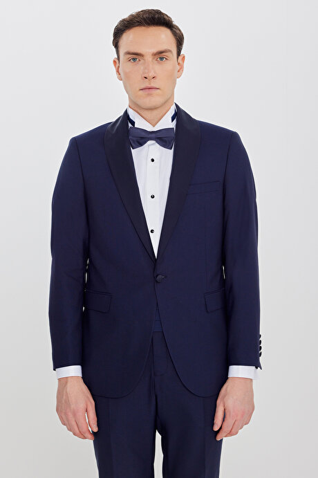 Slim Fit Dar Kesim Çıkma Şal Yaka Beli Gizli Lastikli Kapak Cepli Armürlü Lacivert Smokin Takım resmi