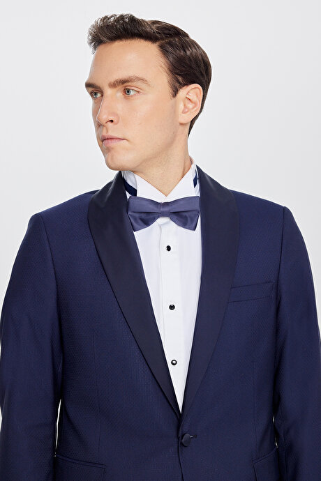 Slim Fit Dar Kesim Çıkma Şal Yaka Beli Gizli Lastikli Kapak Cepli Armürlü Lacivert Smokin Takım resmi