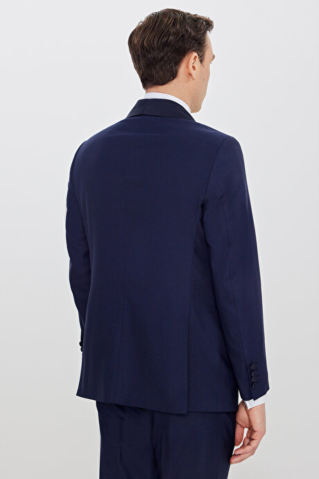 Slim Fit Dar Kesim Çıkma Şal Yaka Beli Gizli Lastikli Kapak Cepli Armürlü Lacivert Smokin Takım resmi