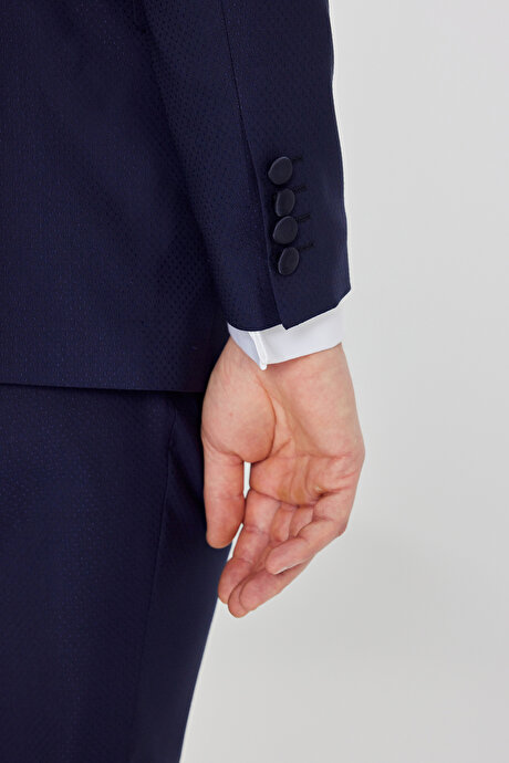 Slim Fit Dar Kesim Çıkma Şal Yaka Beli Gizli Lastikli Kapak Cepli Armürlü Lacivert Smokin Takım resmi