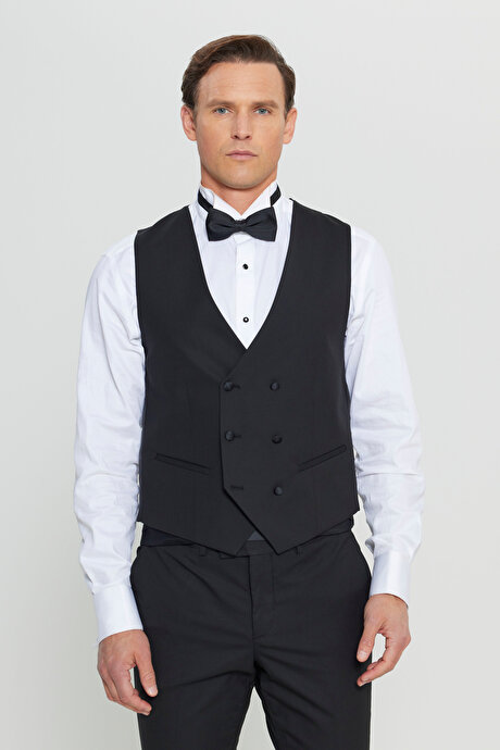 Yünlü Slim Fit Dar Kesim Çıkma Kırlangıç Yaka Cepli Yelekli Siyah Smokin Takım resmi