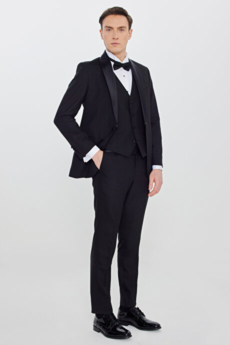 Yünlü Slim Fit Dar Kesim Çıkma Şal Yaka Beli Gizli Lastikli Kapak Cepli Yelekli Siyah Smokin Takım resmi