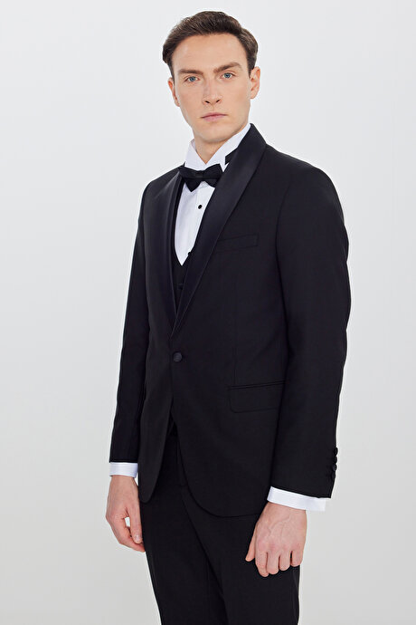 Yünlü Slim Fit Dar Kesim Çıkma Şal Yaka Beli Gizli Lastikli Kapak Cepli Yelekli Siyah Smokin Takım resmi