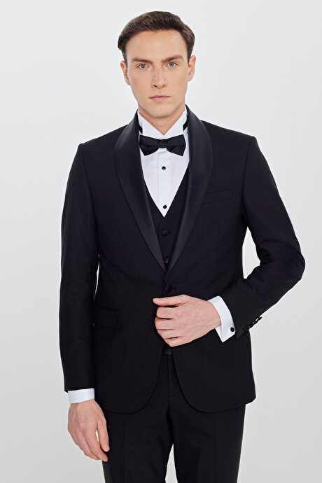 Yünlü Slim Fit Dar Kesim Çıkma Şal Yaka Beli Gizli Lastikli Kapak Cepli Yelekli Siyah Smokin Takım resmi