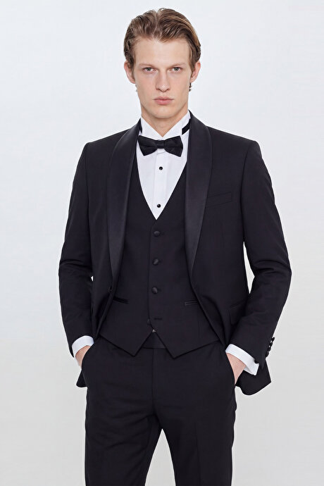 Yünlü Slim Fit Dar Kesim Çıkma Şal Yaka Beli Gizli Lastikli Kapak Cepli Yelekli Siyah Smokin Takım resmi