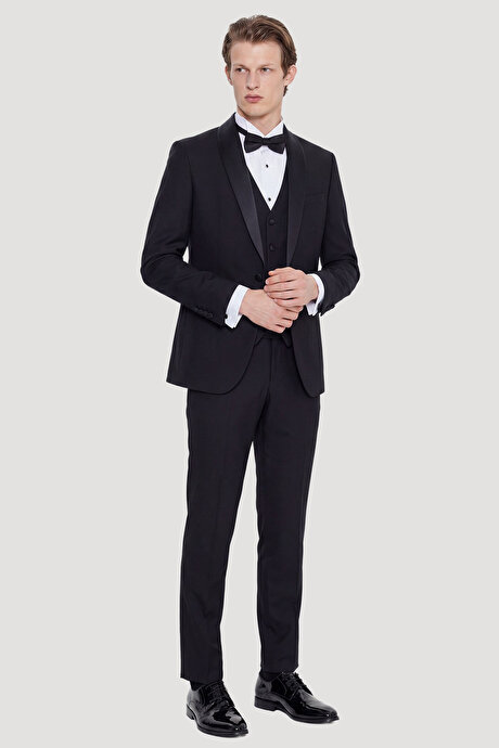 Yünlü Slim Fit Dar Kesim Çıkma Şal Yaka Beli Gizli Lastikli Kapak Cepli Yelekli Siyah Smokin Takım resmi