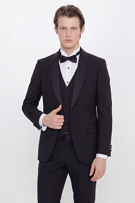 Yünlü Slim Fit Dar Kesim Çıkma Şal Yaka Beli Gizli Lastikli Kapak Cepli Yelekli Siyah Smokin Takım resmi