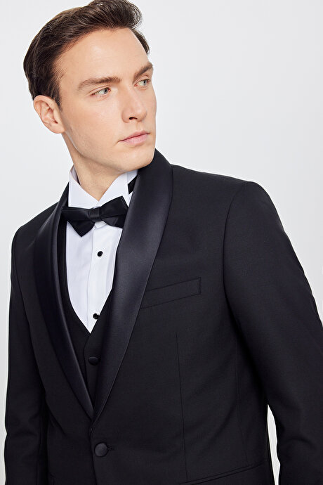 Yünlü Slim Fit Dar Kesim Çıkma Şal Yaka Beli Gizli Lastikli Kapak Cepli Yelekli Siyah Smokin Takım resmi