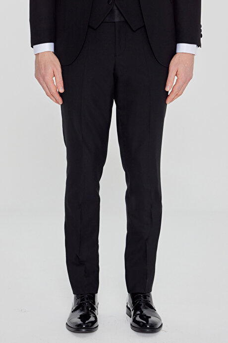 Yünlü Slim Fit Dar Kesim Çıkma Şal Yaka Beli Gizli Lastikli Kapak Cepli Yelekli Siyah Smokin Takım resmi