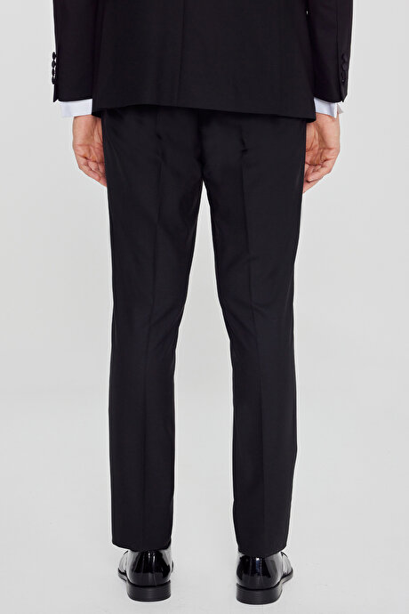 Yünlü Slim Fit Dar Kesim Çıkma Şal Yaka Beli Gizli Lastikli Kapak Cepli Yelekli Siyah Smokin Takım resmi