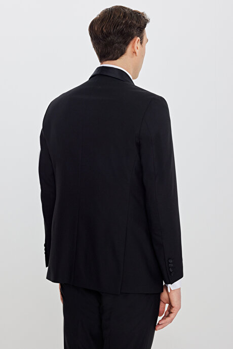 Yünlü Slim Fit Dar Kesim Çıkma Şal Yaka Beli Gizli Lastikli Kapak Cepli Yelekli Siyah Smokin Takım resmi