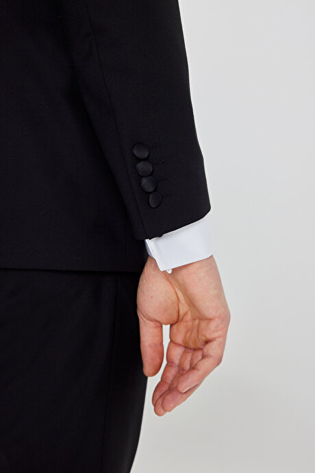 Yünlü Slim Fit Dar Kesim Çıkma Şal Yaka Beli Gizli Lastikli Kapak Cepli Yelekli Siyah Smokin Takım resmi