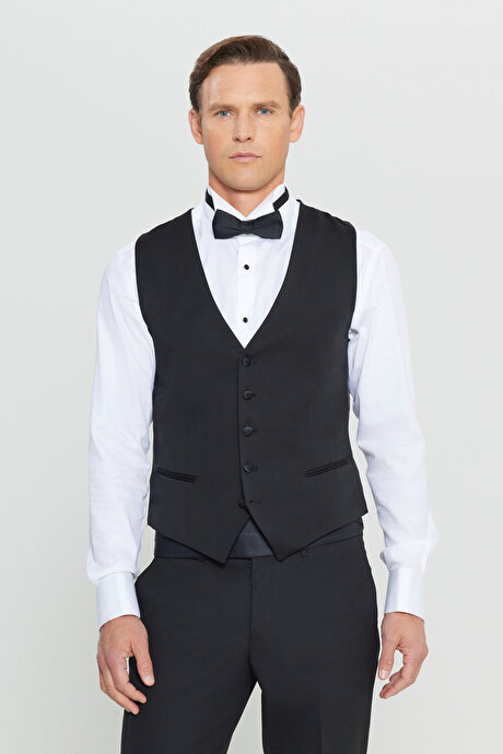 Slim Fit Dar Kesim V Yaka Çift Fleto Cepli Klasik Siyah Yelek resmi