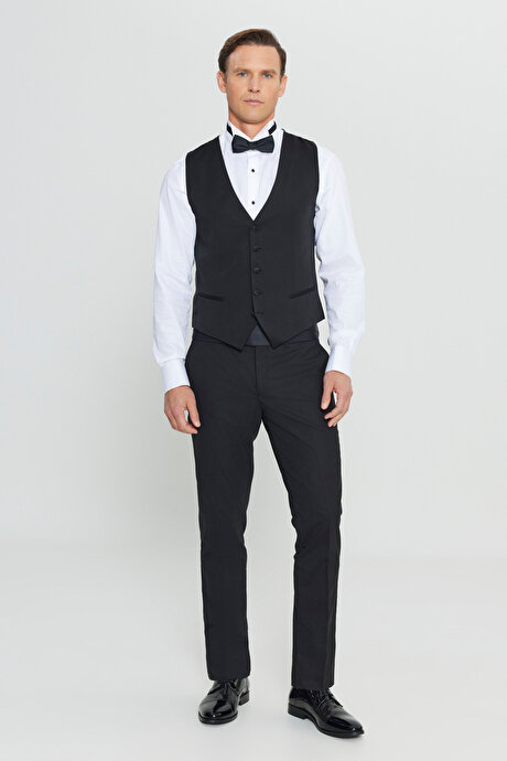 Slim Fit Dar Kesim V Yaka Çift Fleto Cepli Klasik Siyah Yelek resmi
