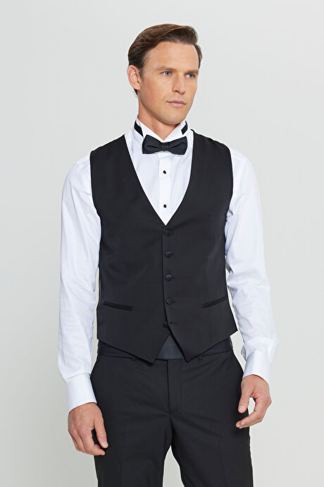 Slim Fit Dar Kesim V Yaka Çift Fleto Cepli Klasik Siyah Yelek resmi