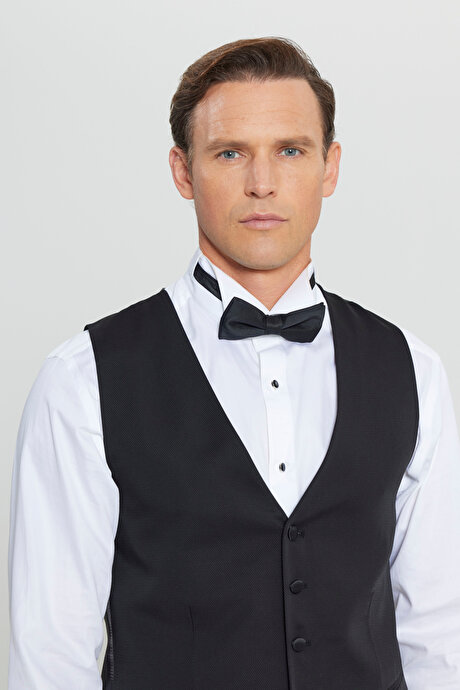 Slim Fit Dar Kesim V Yaka Çift Fleto Cepli Klasik Siyah Yelek resmi