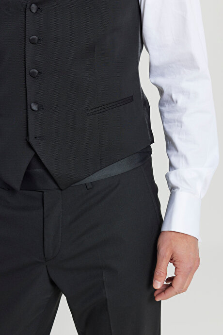 Slim Fit Dar Kesim V Yaka Çift Fleto Cepli Klasik Siyah Yelek resmi