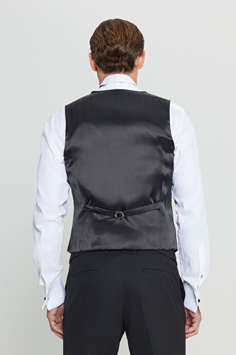 Slim Fit Dar Kesim V Yaka Çift Fleto Cepli Klasik Siyah Yelek resmi