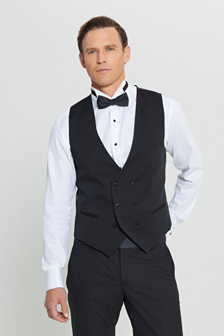 Slim Fit Dar Kesim V Yaka Fleto Cepli Klasik Kruvaze Siyah Yelek resmi