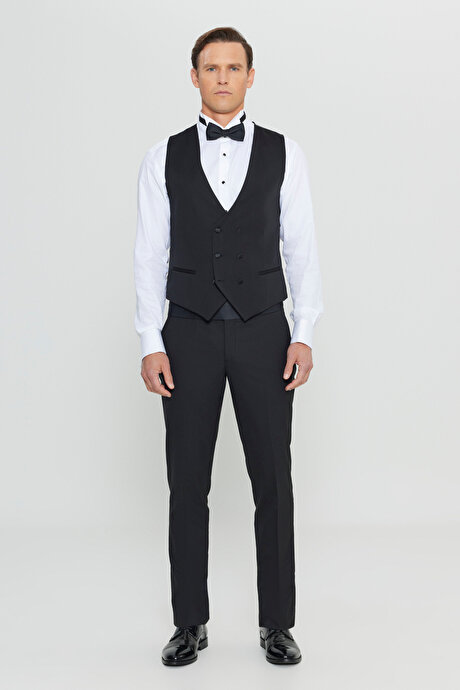 Slim Fit Dar Kesim V Yaka Fleto Cepli Klasik Kruvaze Siyah Yelek resmi