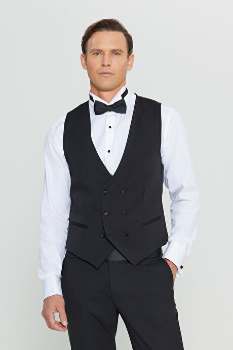 Slim Fit Dar Kesim V Yaka Fleto Cepli Klasik Kruvaze Siyah Yelek resmi
