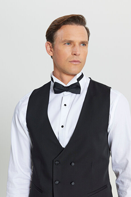 Slim Fit Dar Kesim V Yaka Fleto Cepli Klasik Kruvaze Siyah Yelek resmi