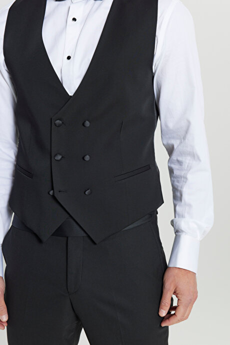 Slim Fit Dar Kesim V Yaka Fleto Cepli Klasik Kruvaze Siyah Yelek resmi