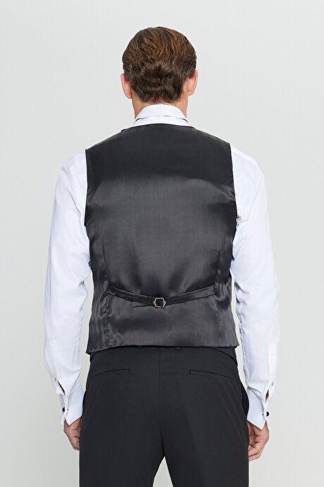Slim Fit Dar Kesim V Yaka Fleto Cepli Klasik Kruvaze Siyah Yelek resmi