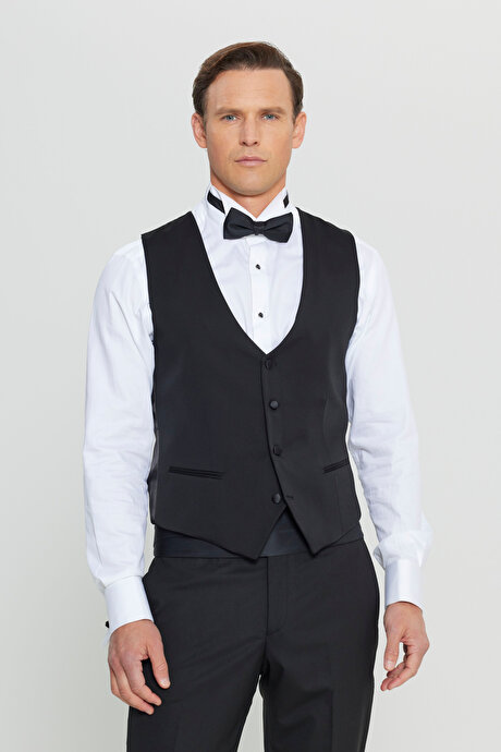 Slim Fit Dar Kesim V Yaka Çift Fleto Cepli Klasik Siyah Yelek resmi