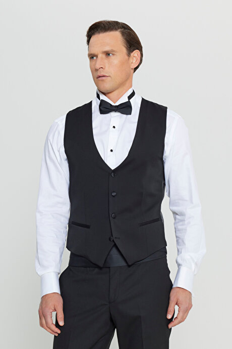 Slim Fit Dar Kesim V Yaka Çift Fleto Cepli Klasik Siyah Yelek resmi