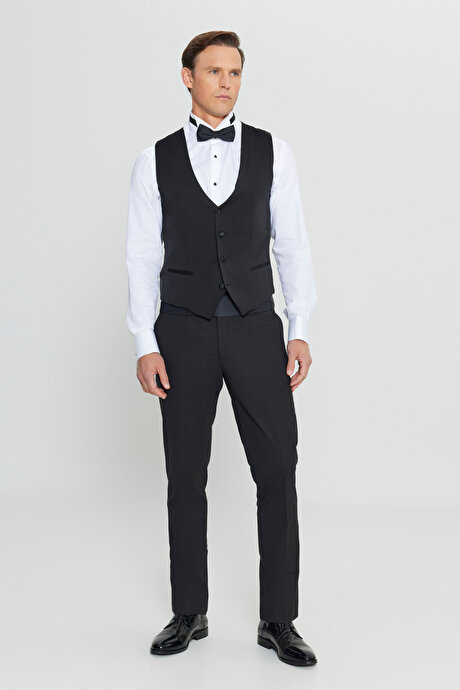 Slim Fit Dar Kesim V Yaka Çift Fleto Cepli Klasik Siyah Yelek resmi