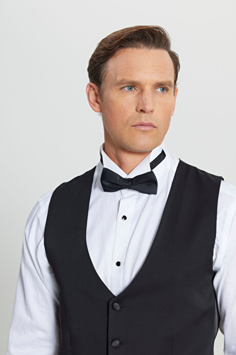 Slim Fit Dar Kesim V Yaka Çift Fleto Cepli Klasik Siyah Yelek resmi
