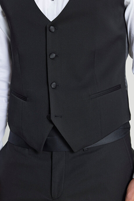 Slim Fit Dar Kesim V Yaka Çift Fleto Cepli Klasik Siyah Yelek resmi