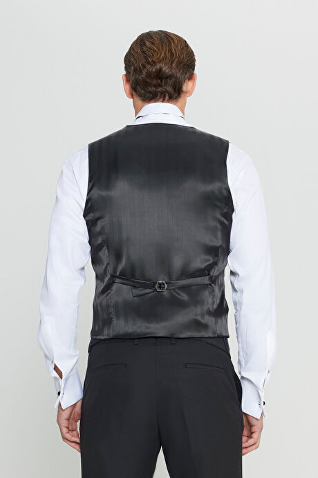 Slim Fit Dar Kesim V Yaka Çift Fleto Cepli Klasik Siyah Yelek resmi