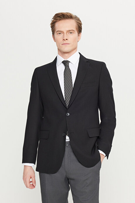 Yünlü Slim Fit Dar Kesim Mono Yaka Kapak Cepli Çift Pantolonlu Siyah Takım Elbise resmi