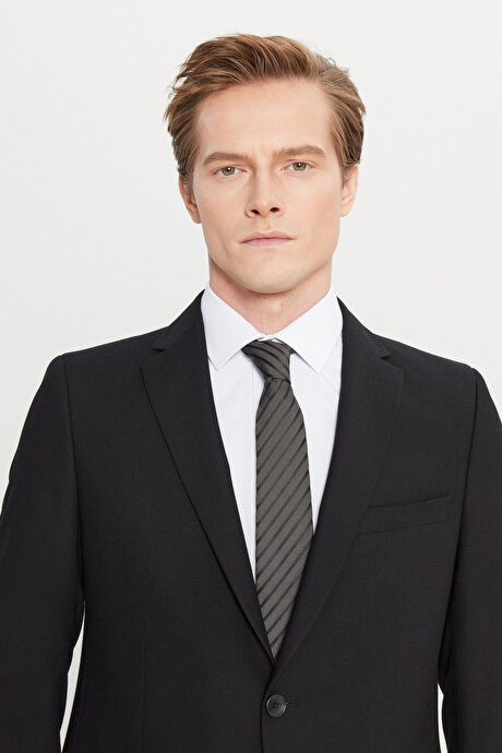 Yünlü Slim Fit Dar Kesim Mono Yaka Kapak Cepli Çift Pantolonlu Siyah Takım Elbise resmi