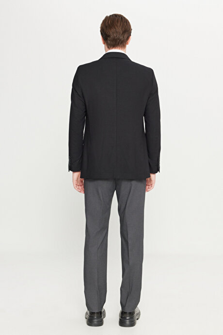 Yünlü Slim Fit Dar Kesim Mono Yaka Kapak Cepli Çift Pantolonlu Siyah Takım Elbise resmi