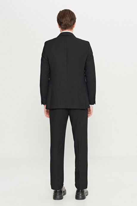 Yünlü Slim Fit Dar Kesim Mono Yaka Kapak Cepli Çift Pantolonlu Siyah Takım Elbise resmi