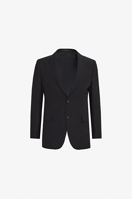 Yünlü Slim Fit Dar Kesim Mono Yaka Kapak Cepli Çift Pantolonlu Siyah Takım Elbise resmi